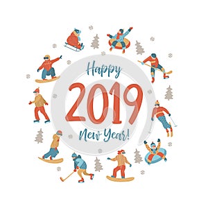 Happy New Year. Vector illustration. A set of characters engaged in winter sports and recreation.